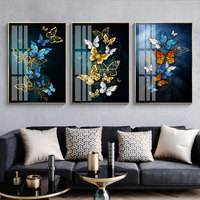 Peinture murale moderne en verre acrylique avec des feuilles de papillon, art nordique, or bleu, véritable papillon, décoration murale