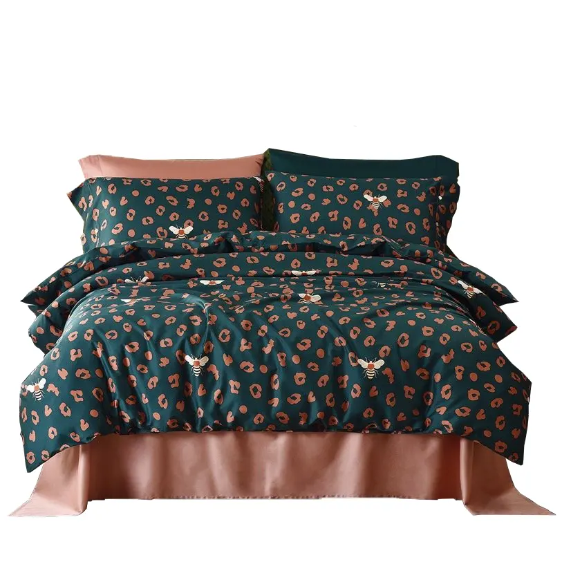 Hot sale 100% cotton Bedding sets sateen Green Bee Leopard designs luxury 4pc duvet cover set sheet set