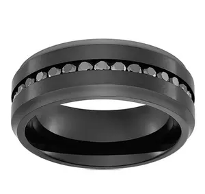 Fashionable men's tungsten infinity ring wedding band black plated with cz stone channel
