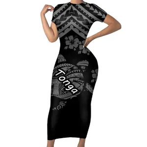 Tight Women Long Dresses Polynesian Hawaiian Tonga Printing Fabric Design Short Sleeves Black Maxi Dress Plus Size Ladies Dress