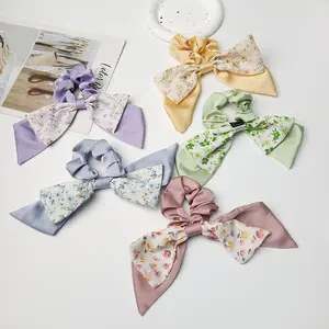 Elastic Hair Bands Ponytail Holder Bow Knot Scrunchy Printed Floral Hair Tie Women Flower Long Ribbon Scrunchies For Women