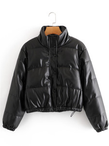 Chaqueta Corta Informal Negra <span class=keywords><strong>de</strong></span> Moda con Logotipo Personalizado, Chaqueta Acolchada <span class=keywords><strong>de</strong></span> Cuero PU Brillante para Mujer - Product Image 6