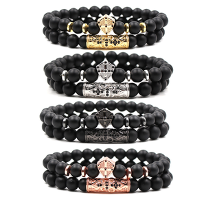 Clásico 2 unid/set Stretch Black Pulsera de cuentas de acero inoxidable para hombre Pave Zircon Cz Ball Skull Lion Charms Pulseras Conjunto de joyería - Product Image 5