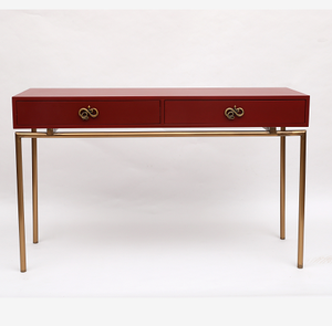 Nouvelle vente en gros de table <span class=keywords><strong>console</strong></span> de <span class=keywords><strong>bureau</strong></span> de style oriental <span class=keywords><strong>bureau</strong></span> de maquillage pour ordinateur avec 2 tiroirs et décorations de pieds en métal massif pour la maison - Product Image 1
