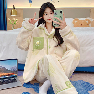 Pijamas de invierno para mujer, cárdigan de franela, solapa, dibujos animados, pijama dulce, traje, conjuntos de ropa de dormir - Product Image 2