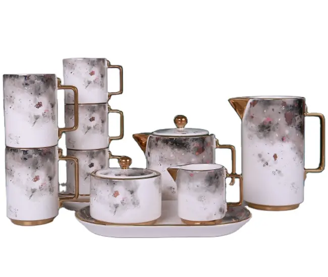 Conjunto de chá de cerâmica criativo, 8 peças, presente para a tarde, máquina de café, chá, dourado