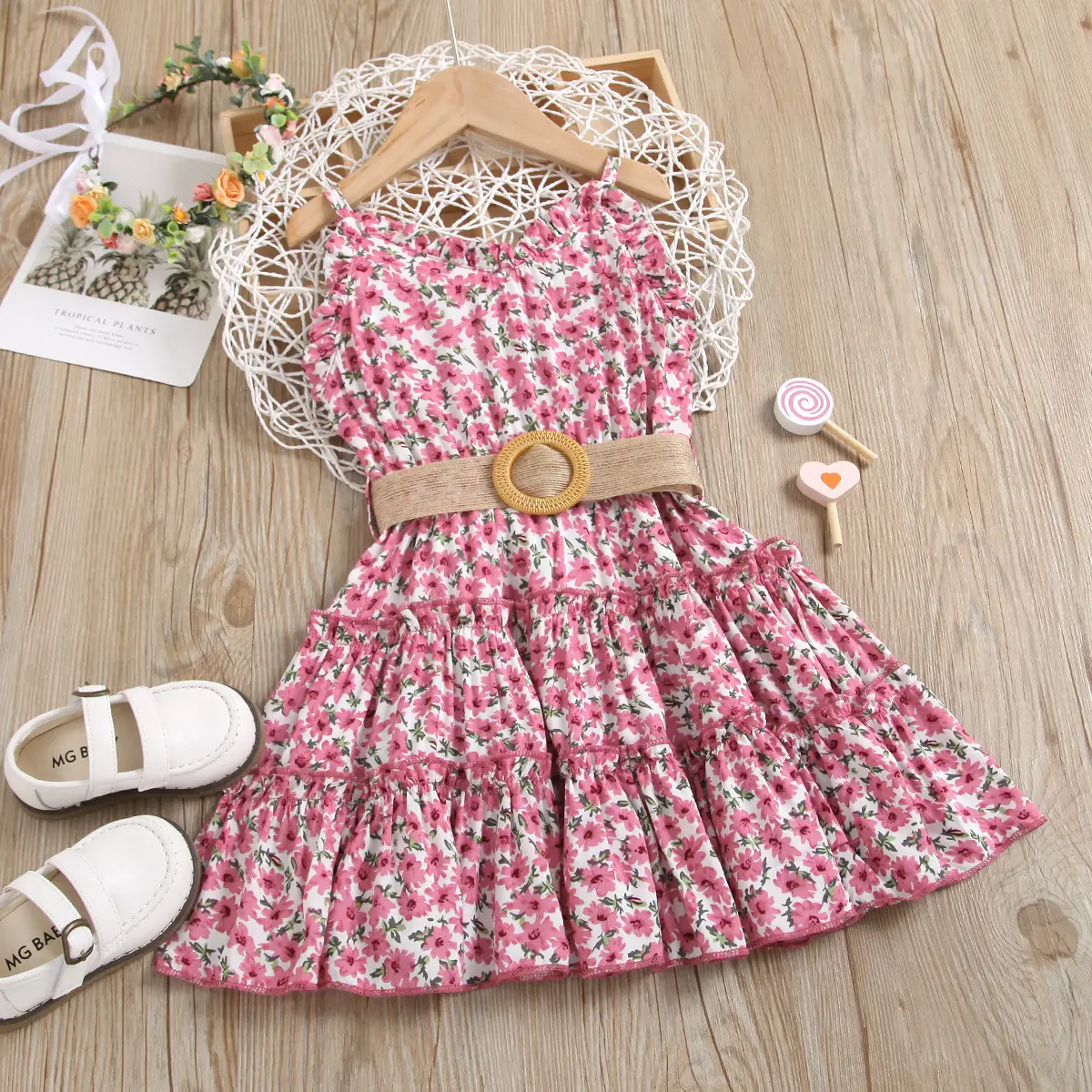 Floral Flower Girl Dress For Summer Dress With Belt Children Flying Short Sleeve Casual Girl Dress