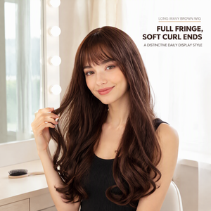 Perruque longue bouclée pour femmes avec <span class=keywords><strong>frange</strong></span> <span class=keywords><strong>cheveux</strong></span> synthétiques noir brun foncé marron clair pour une utilisation quotidienne de fête de cosplay - Product Image 1