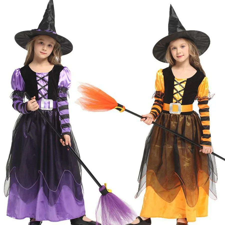 Rendimiento DE LOS NIÑOS Bruja negra Juego de rol Púrpura Amarillo Burbuja Falda Chica Bruja Disfraz de Halloween