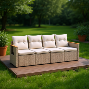 Conjunto de Sofá de Jardín de Mimbre Sintético, 4 Plazas, Reposabrazos Ajustables, Muebles de Exterior, Diseño Contemporáneo, Beige - Product Image 2