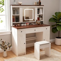 Miroir de coiffeuse moderne en bois avec éclairage LED réglable, 5 tiroirs, prise intégrée, tabouret confortable, miroir coulissant pour le maquillage