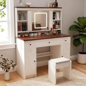 <span class=keywords><strong>Espejo</strong></span> de Tocador Moderno <span class=keywords><strong>con</strong></span> <span class=keywords><strong>Luces</strong></span> LED Ajustables, 5 Cajones, Regleta Integrada, Taburete Cómodo <span class=keywords><strong>y</strong></span> <span class=keywords><strong>Espejo</strong></span> Deslizante para Maquillaje - Product Image 1