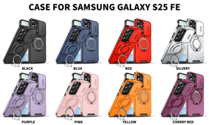 Coque robuste avec protection d'objectif coulissante pour Samsung S25 <span class=keywords><strong>FE</strong></span>, étui rigide avec béquille rotative et support anneau, noir - Product Image 5