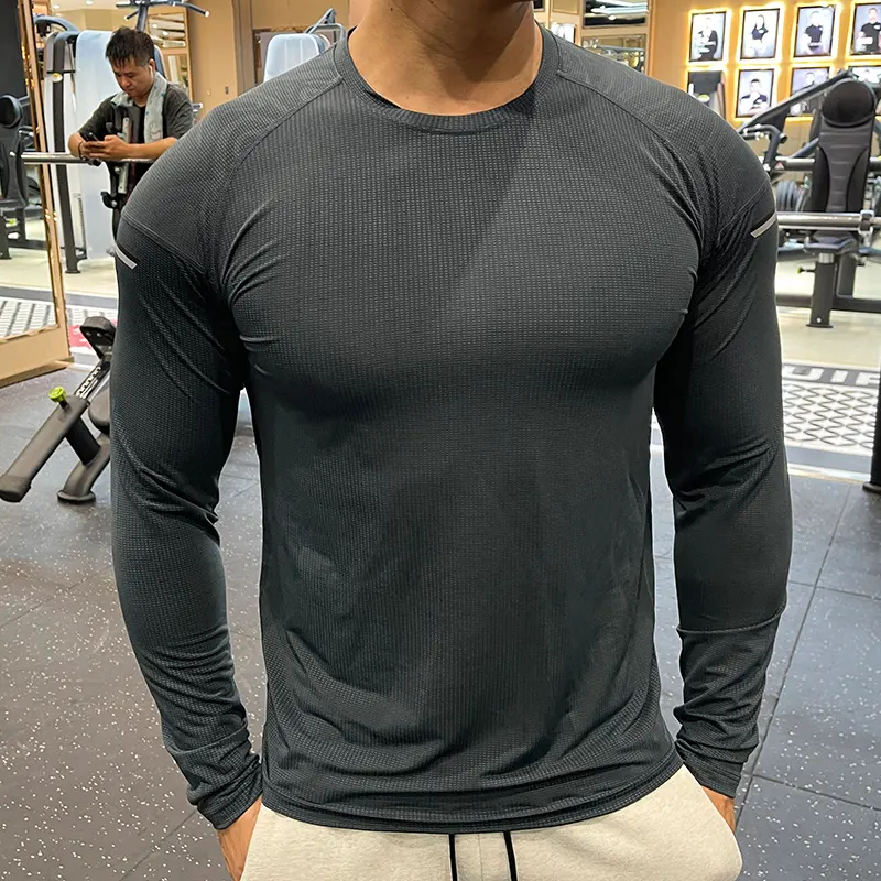 Gimnasio secado rápido poliéster elástico hombres Fitness entrenamiento compresión deporte manga larga Camisetas para hombres