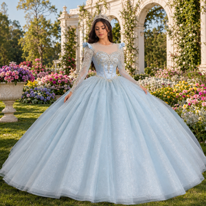 Robe de Quinceañera de luxe bleu clair Mc027, épaules dénudées, en organza scintillant, longueur ras du sol, robe de bal avec nœud au dos, style princesse pour bal de promo - Product Image 1