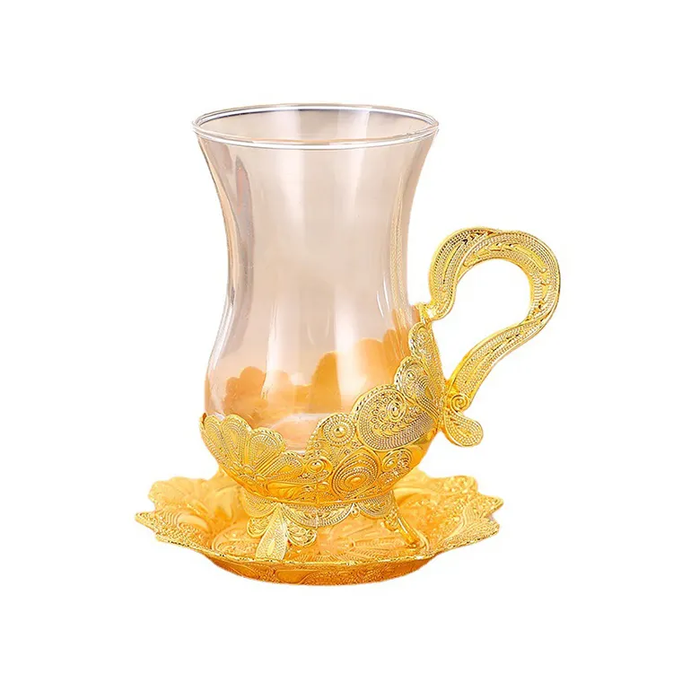 קישוט הבית מסיבת חתונה יוקרה זהב ערבית כוס תה טורקית כוס קפה מזכוכית סט עם מחזיק מתכת