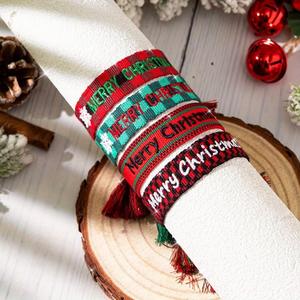 Pulsera de Cuerda de Poliéster Ajustable Estilo Boho Chic para Mujer, con Borla Bordada de Feliz Navidad, Pulsera Promocional Navideña - Product Image 3