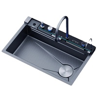 Évier de cuisine numérique à cascade LED en acier inoxydable 304 noir nano intelligent avec lave-gobelet
