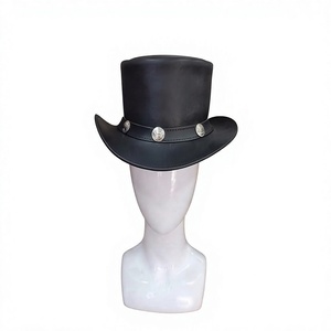Chapeau haut de forme en cuir noir avec broderie à la main en concho argenté, unisexe, pour toutes les saisons, festivals de musique et concerts - Product Image 1
