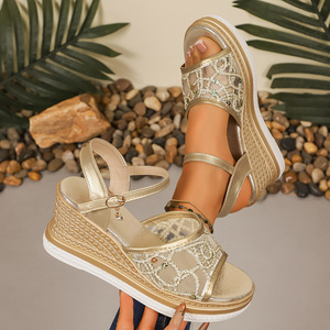Women Big European and American Style Mesh Sequin Wedge <b>Sandals</b> Summer New Thick Sole Open-Toe Roman <b>Sandals</b> - Product Image 3