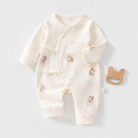 0-3 Monate Neugeborenen-Kimono-Strampler mit Bindebändern, Atmungsaktiver Baumwoll-Bodysuit mit Cartoon-Druck, Langarm, Weich und Sicher, Unisex für Säuglinge