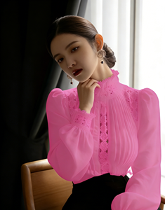 Blusa de Talla Grande para Mujer, Cuello Redondo, con Encaje, Mangas Farol, Estilo Casual para Primavera/Otoño - Product Image 2