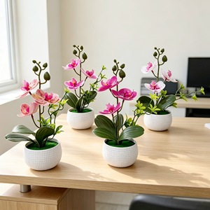 Plante artificielle Phalaenopsis Orchid Bonsai à 3 fleurs avec pot en caoutchouc souple, pot de fleurs décoratif de bureau, 24,5 cm de haut - Product Image 1
