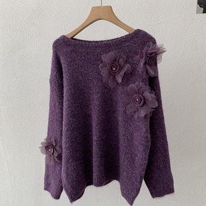 Pull en tricot pour femme, orné de fleurs, col bateau, coupe oversize, décontracté, tendance - Product Image 6