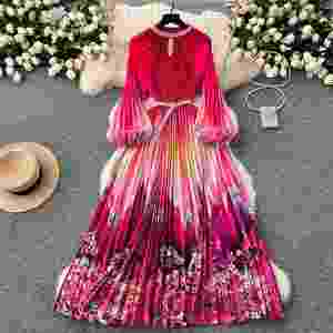 Vestido Maxi Plisado con Cuello Redondo para Mujer, Ecológico, Tejido, Drapeado, con Manga Linterna, Estampado, con Cuentas y Encaje Calado - Product Image 1