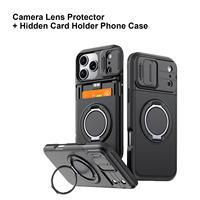 Stootvaste hoes met schuifbare camera-afdekking voor iPhone, verborgen kaarthouder, 360 graden draaibare ringstandaard, robuuste bumper shell
