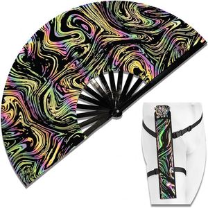 Grand éventail pliant réactif aux UV motif tourbillon arc-en-ciel, éventail en tissu à baleines en bambou, accessoire photo pour festivals et soirées dansantes - Product Image 2