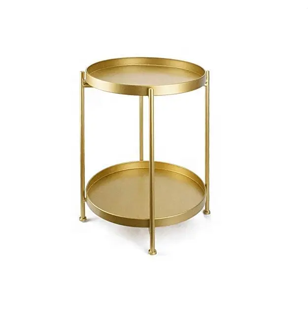 Tavolino moderno moderno a 2 piani con accento rotondo elegante tavolino in metallo dorato verniciato a polvere per soggiorno Patio