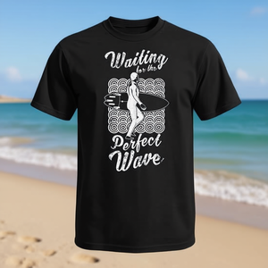 T-shirt avec citation de surfiste « Waiting For The Perfect Wave », t-shirt graphique noir pour hommes - Product Image 3