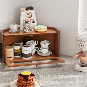 กล่องเก็บขนมปังไม้พร้อมประตูกระจก มุมเคาน์เตอร์ครัว กล่องใส่อาหารสไตล์เรโทร สีน้ำตาล - Product Image 2