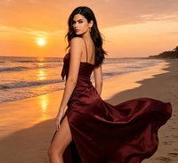 Robe de soirée formelle de luxe en satin de soie rouge bordeaux pour femme, à fines bretelles, dos nu, fendue, longue, pour bal de promo, mariage, demoiselle d'honneur et soirée