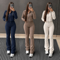 Ensemble de survêtement décontracté deux pièces en molleton avec capuche et fermeture éclair intégrale pour femme, couleur unie, anti-boulochage, collection automne, fournisseur en gros