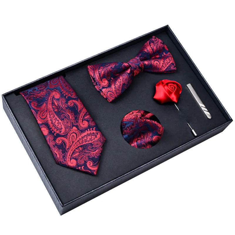 Gift Box 5 PCS Product Tie Set Necktie Bar Bow Tie Pocket Square Brooch and Silk Tie