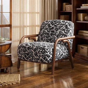 Sillón Individual para Sala de Estar, Diseño Ergonómico, Estilo Moderno Minimalista, Estructura de Madera, Tapicería con Patrón de Hojas en Blanco y Negro - Product Image 3
