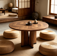 Table à manger ronde extensible moderne en noyer italien, plateau en parquet géométrique avec base en bois massif pour la maison ou l'hôtel