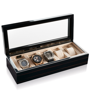 Boîtier de montre en bois moderne multifonctionnel ménager en bois d'ébène ombragé noir poli boîte de montre multipont avec dessus en verre - Product Image 4