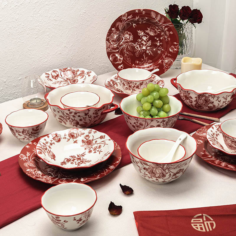 Dinner Ware Red Ceramic Dinner Plates Tableware Red Plate Set