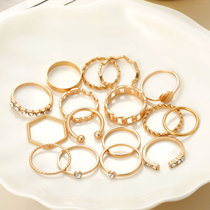 Combinación promocional europea y americana, joyería con personalidad a la moda, anillo de aleación de diamantes dorados, conjunto de 16 piezas, venta al por mayor - Product Image 2