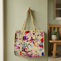 Tas Tote Penyimpanan Berkapasitas Besar Gaya Pedesaan Prancis, Multifungsi, Katun, Cetak Blok Tangan, Berlapis, Buatan Tangan