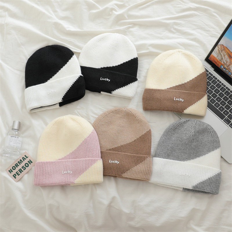 Korean-style Niche Authentic Windproof Beanie Warm Jacquard Knit Hat Adjustable Fall Winter Trendy Color-block Design Fold-up