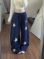 Pantalon décontracté pour femme, style américain, à taille élastique, brodé d'étoiles, effet duveteux : coupe ample, amincissant et pantalon de sport à jambes larges