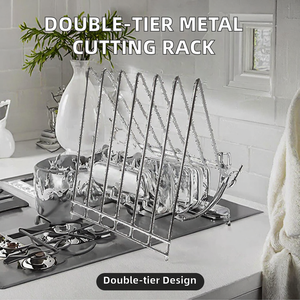 Support de planche à découper moderne à double niveau en métal gris clair, non pliable, en fer chromé, 6 fentes, type sur pied, portable - Product Image 2