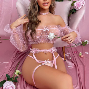 New Style <b>Perspective</b> Mesh See-Through Transparent Lingerie Set Sexy Long Sleeve Heart Pattern Underwear Set - Product Image 2