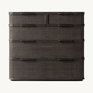 Commode haute Japandi premium à 5 tiroirs en chêne massif et <span class=keywords><strong>rotin</strong></span>, commode verticale peu encombrante, <span class=keywords><strong>chiffonier</strong></span> architectural à profil incurvé - Product Image 5