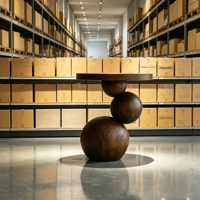 Table basse moderne ronde en bois de frêne massif avec base sphérique pour salon - Design durable et écologique