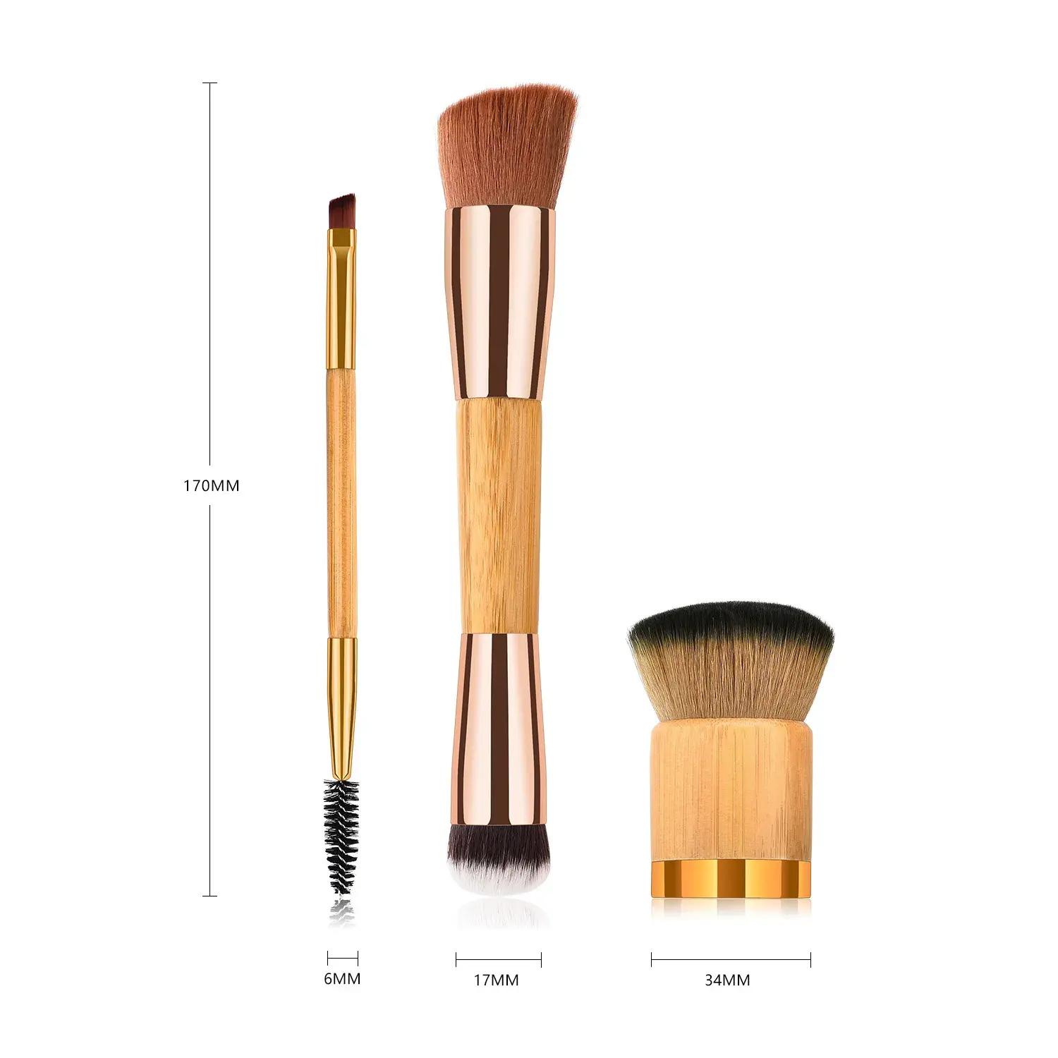 3 Stück Doppelkopf bürste Bambus griff Puder Rouge Kabuki Lidschatten Augenbrauen Foundation Pinsel Set Weiches Haar Make-up Pinsel Set